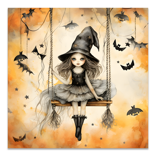 Postkarte, quadratisch "Swinging witch"